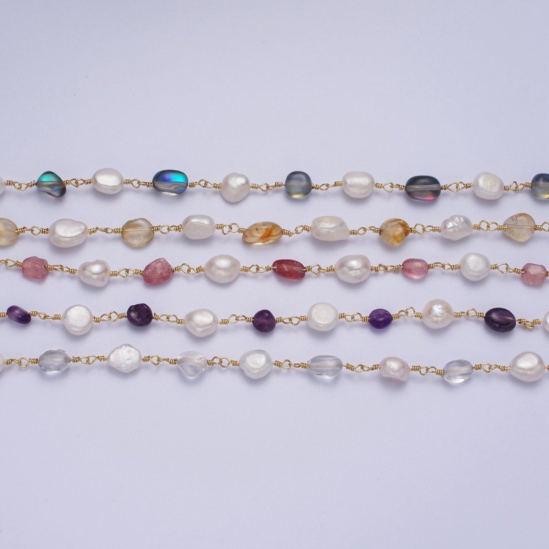 24K Gold Filled Chunky Pearl Gemstone Rose Quartz, Amethyst, Citrine, Moonstone Wire Wrapped Rosary Chain for Jewelry Making Supply | ROLL-1013 to ROLL-1017 Clearance Pricing Clear Quartz