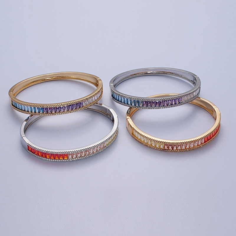 24K Gold Filled Gradient Baguette CZ  Bracelet Bangle, Ombre Tennis Bracelet | WA-978 WA-979 WA-980 WA-981 Clearance Pricing Gold Orange & Peach