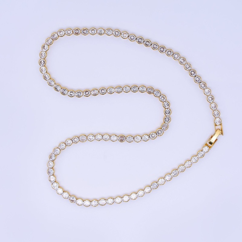24K Gold Filled Round Clear CZ Bezel Tennis 18 Inch Necklace | WA-3406