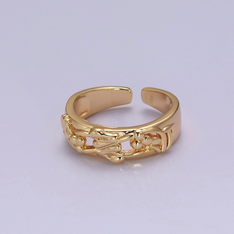 Dainty Art Deco Ring Flower Carved Design 18k Gold Filled Open Adjustable Ring O-2076