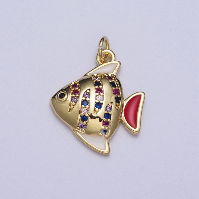 Multicolor Rainbow Micro Paved Gold Angel Fish Charm with Red & White Enamel Fins Charms For Jewelry Making AG-121