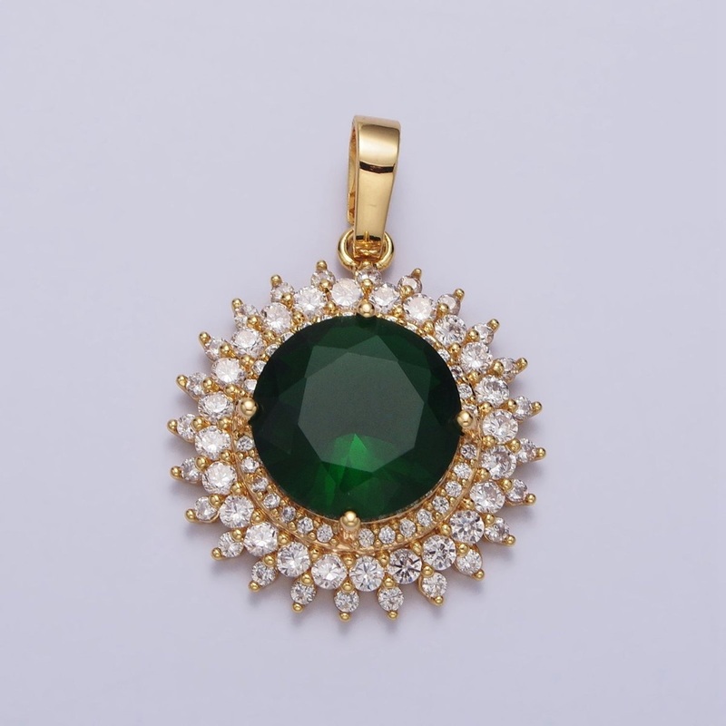 Round Sun Emerald Green CZ Clear Micro Paved Gold Pendant Celestial Jewelry | AA075
