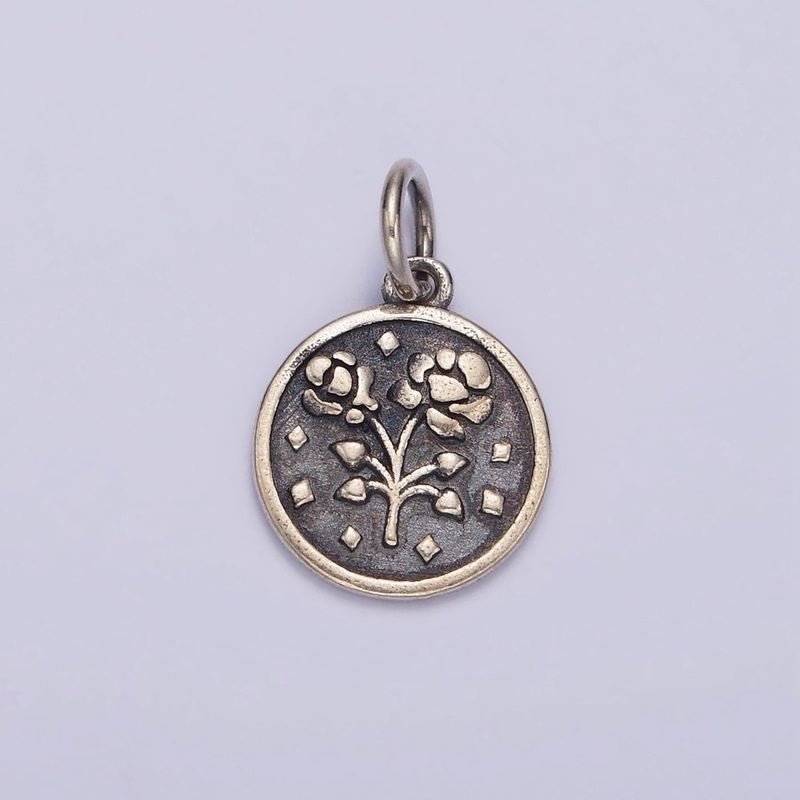 S925 Sterling Double Rose Flower Nature Rhombus Round Charm | SL-367