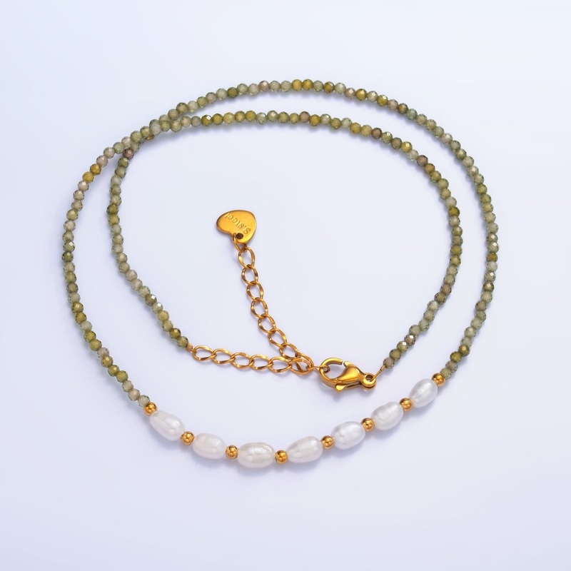 Stainless Steel Freshwater Pearl Green Multifaceted Crystal Gemstone 15 Inch Choker Necklace | WA-3106