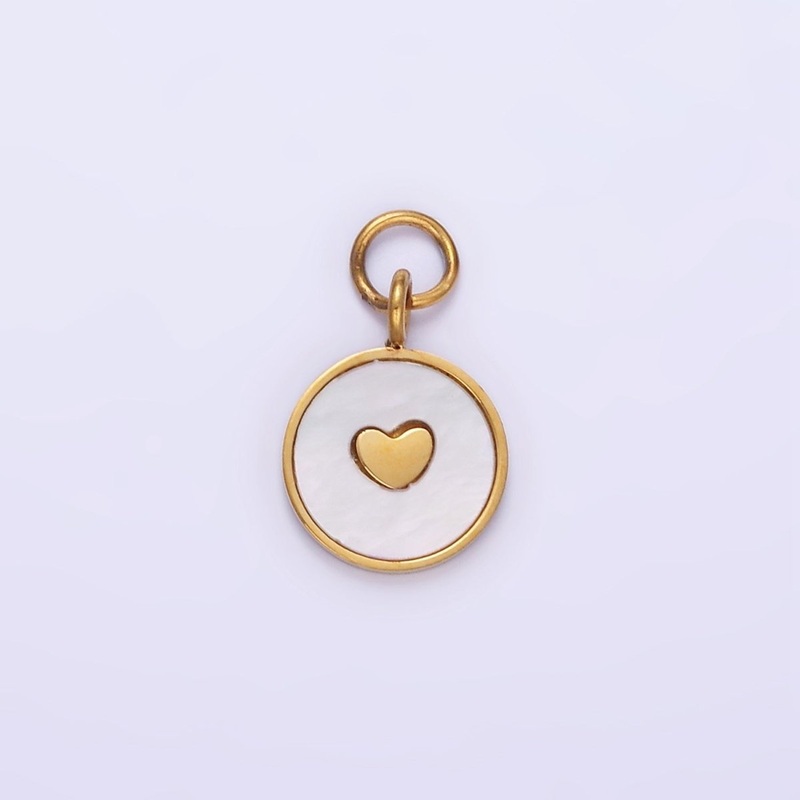 Stainless Steel Heart Shell Pearl Bezel Round Charm | P972