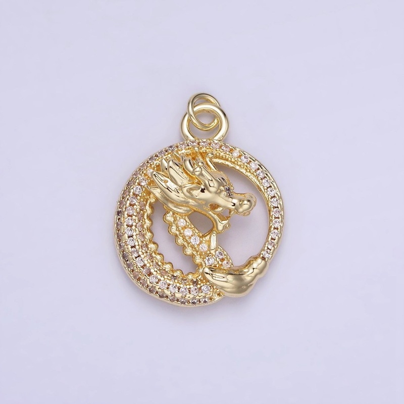 14K Gold Filled 20mm Micro Paved CZ Open Dragon Round Charm | AG716