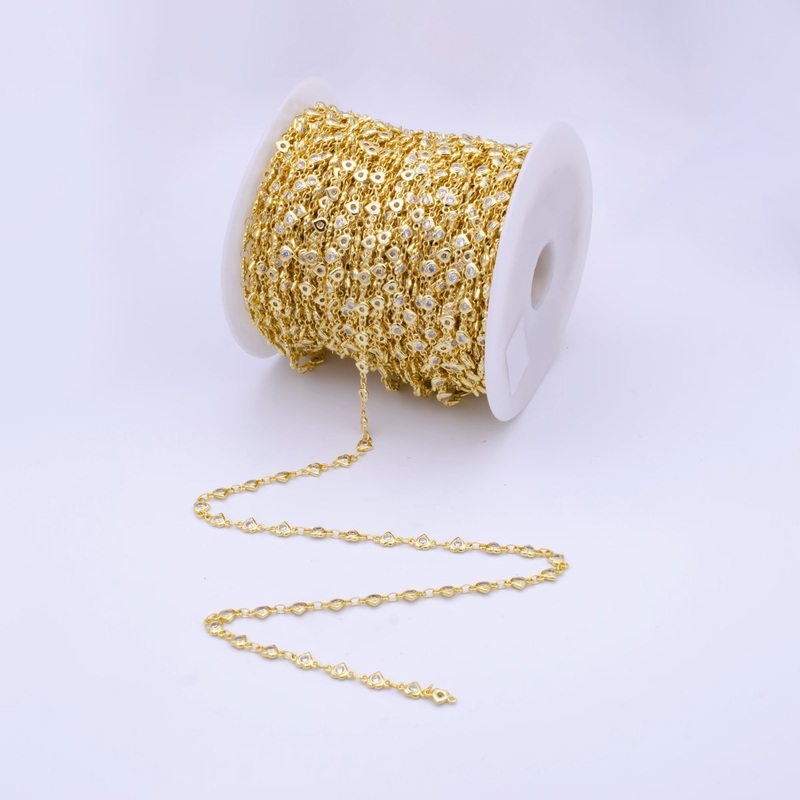 14k Gold Filled Gold heart Charm Chain Jewelry Supplies, Tiny heart CZ gold Chain Wholesale Bulk Chain | ROLL-790 Clearance Pricing