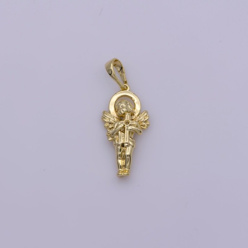 14K Gold Filled Little angel holding a cross Pendants  Cherub Angel Amulet Charm  for Christmas Holiday Season Gift Jewelry N-1334