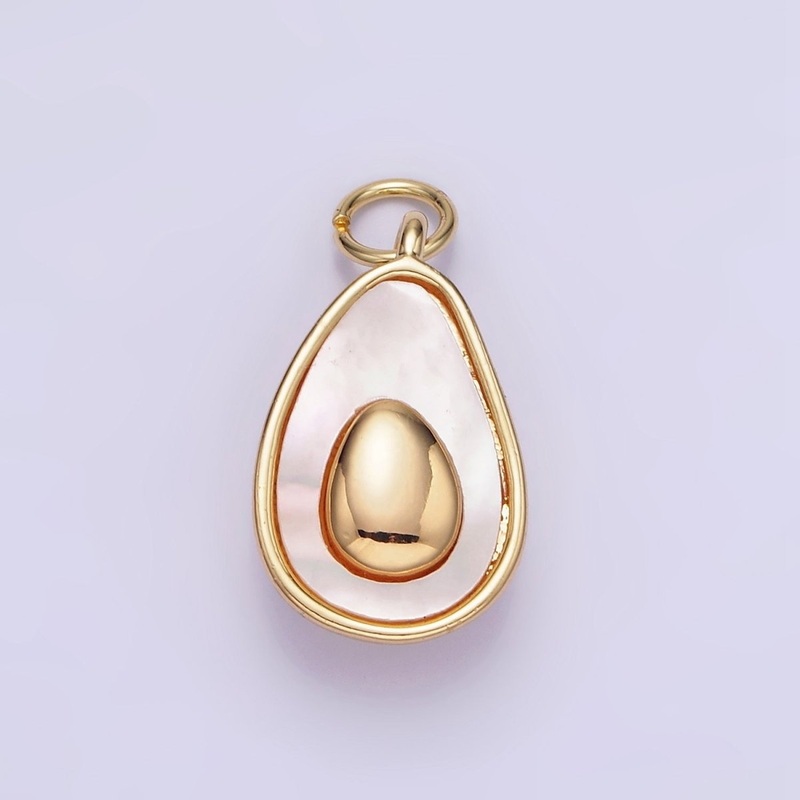 14K Gold Filled Shell Pearl Avocado Double Abstract Teardrop Bezel Charm | W504