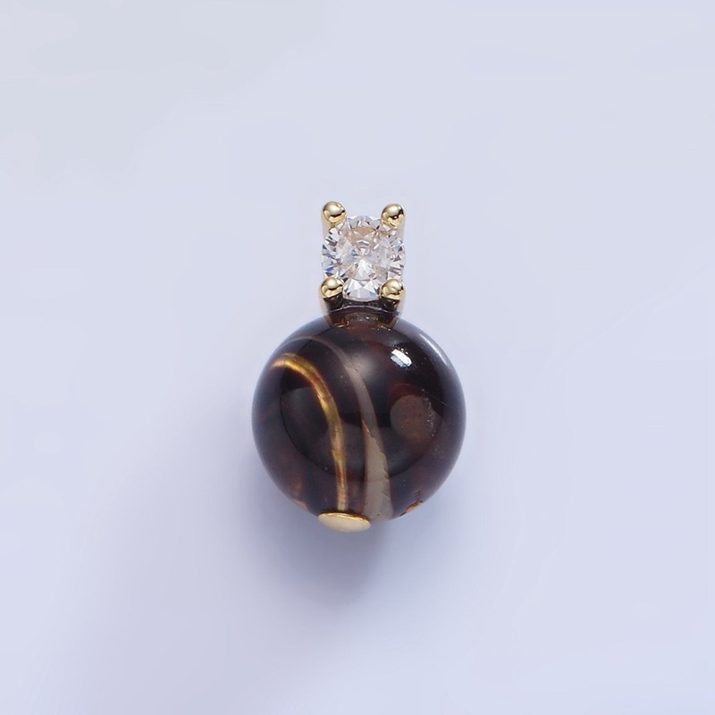 14K Gold Filled Tiger Eye Gemstone Round CZ Drop Pendant | P1791