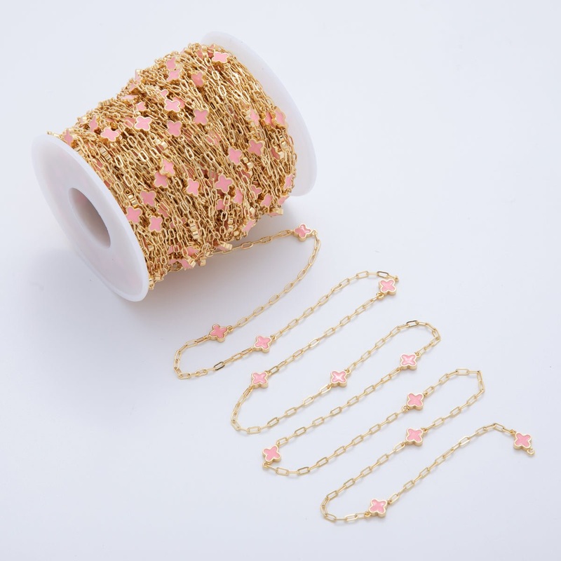 16K Gold Filled Pink Quatrefoil Enamel Paperclip Unfinished Chain by Yard | Roll-1596