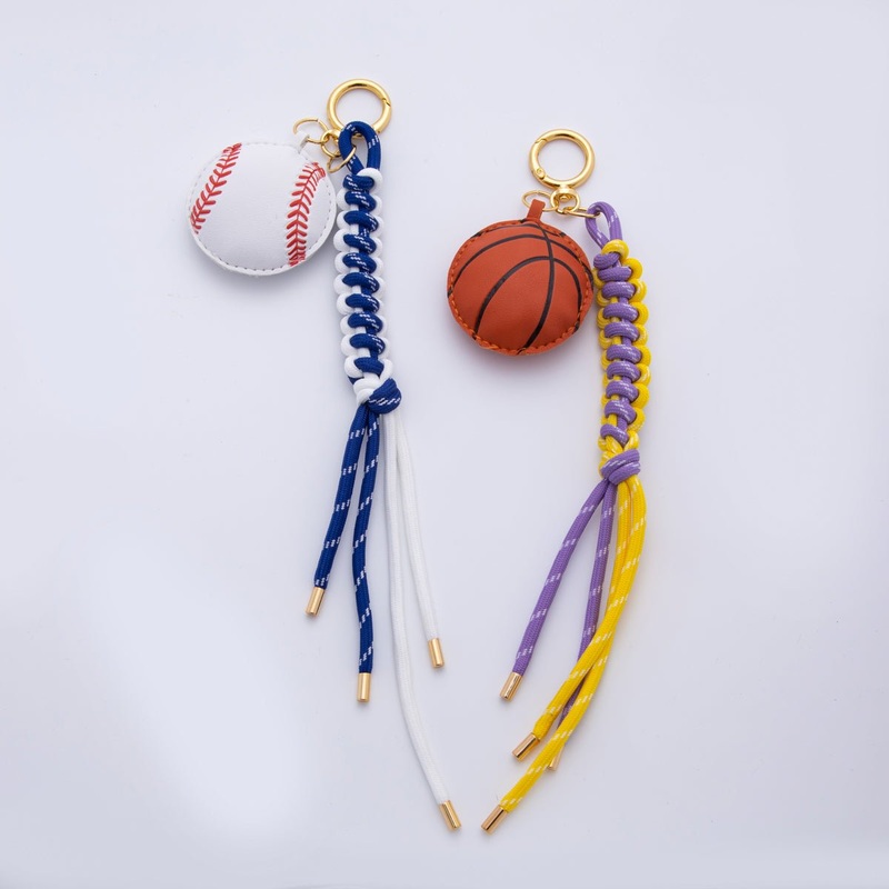 18K Gold Filled Baseball, Basketball Sport Varsity Cord Knot Leather Bag Charm Keychain Push Gate Key Ring Accessories | WB-00002 WB-00003 Baseball