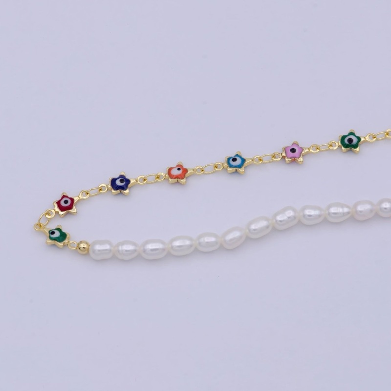 24K Gold Filled Multi Color Evil Eye Chain Necklace with Pearl Bead Layer For Wholesale Jewelry Making Supplies | WA-673 Clearance Pricing