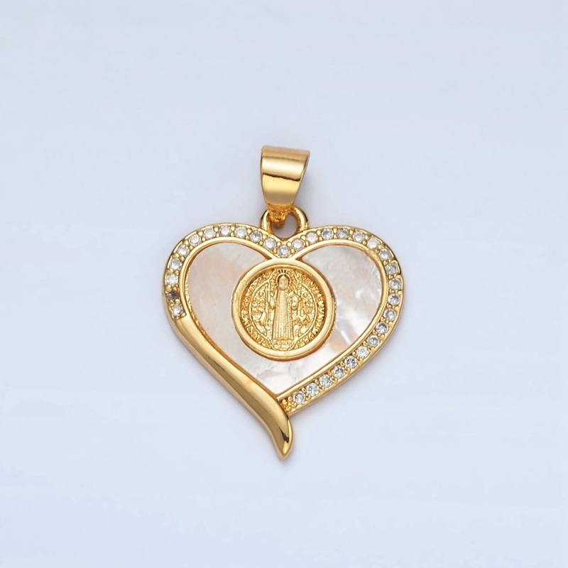 24K Gold Filled Saint Jude Religious Figure Shell Pearl Micro Paved CZ Heart Pendant | I175