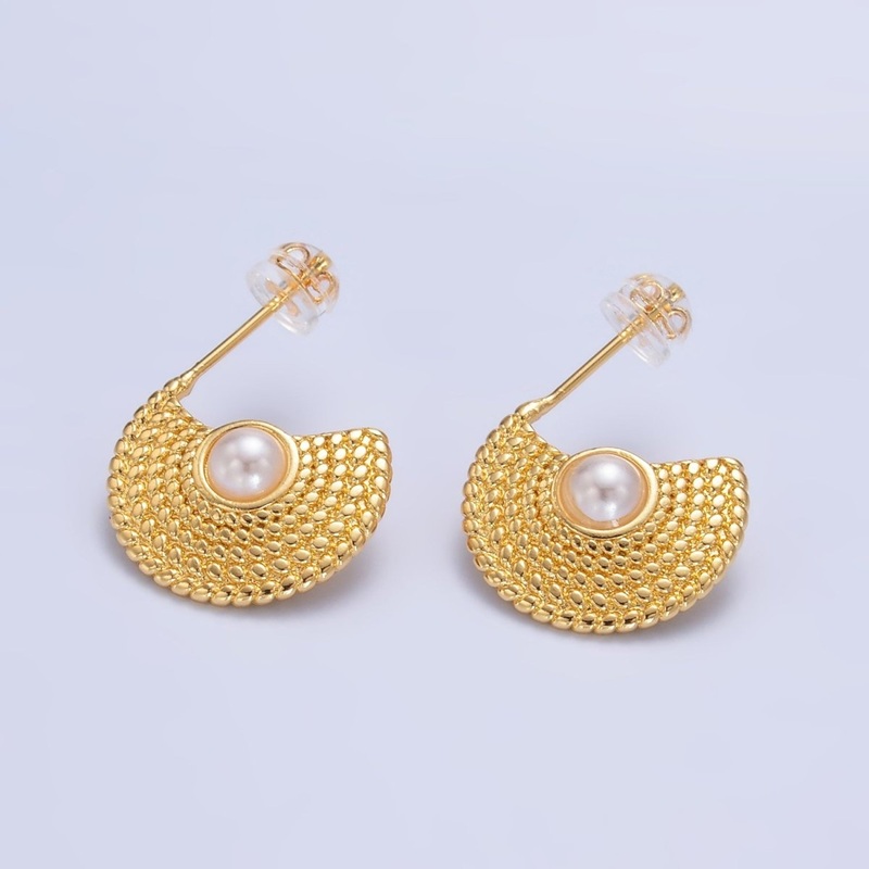24K Gold Filled Shell Pearl Geometric Dotted C-Shaped Hoop Earrings Set | AB1421