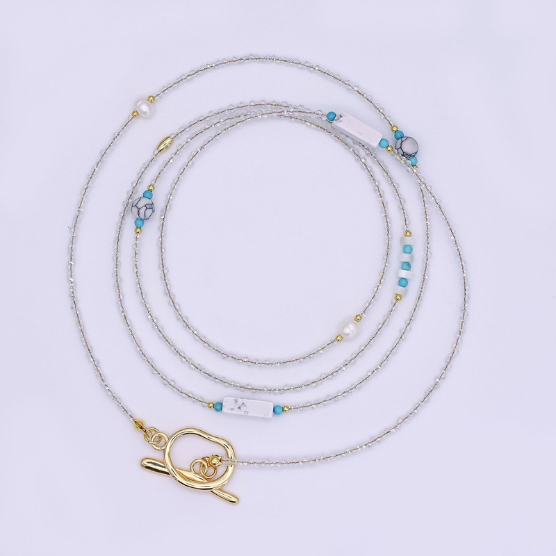 24K Gold Filled Shell Pearl White Howlite Clear Crystal Gemstone 40 Inches Necklace | WA-3078