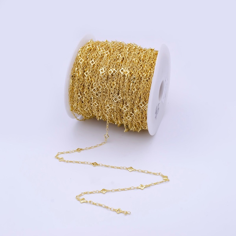 Dainty 24k Gold Filled Clover Chain by Yard Wholesale Gold Station Chain 5mm Clover Cable Chain for Jewelry Making | ROLL-791