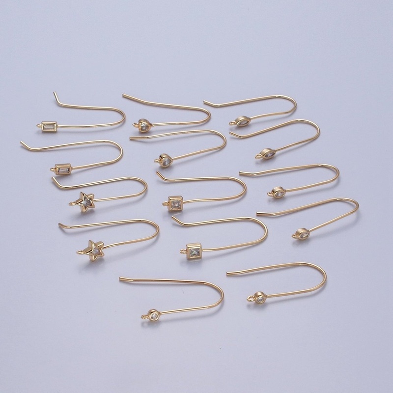 Gold Filled French Hook Earrings, Geometric Marquise Heart Baguette Oval Square Star Round CZ Cubic Zirconia Fish Hook Earrings with Open Link Loop for Earrings Making L-802~L-808 Marquise