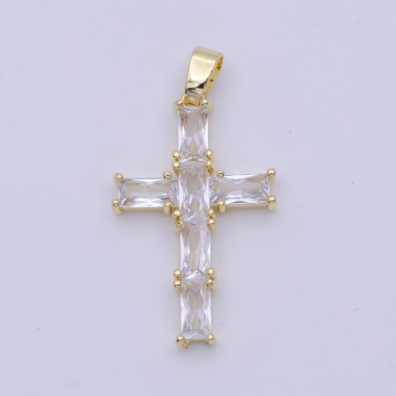 Gold Religious Cross Clear/Multicolor Baguette Cubic Zirconia Pendant | X-502 X-506 Clear