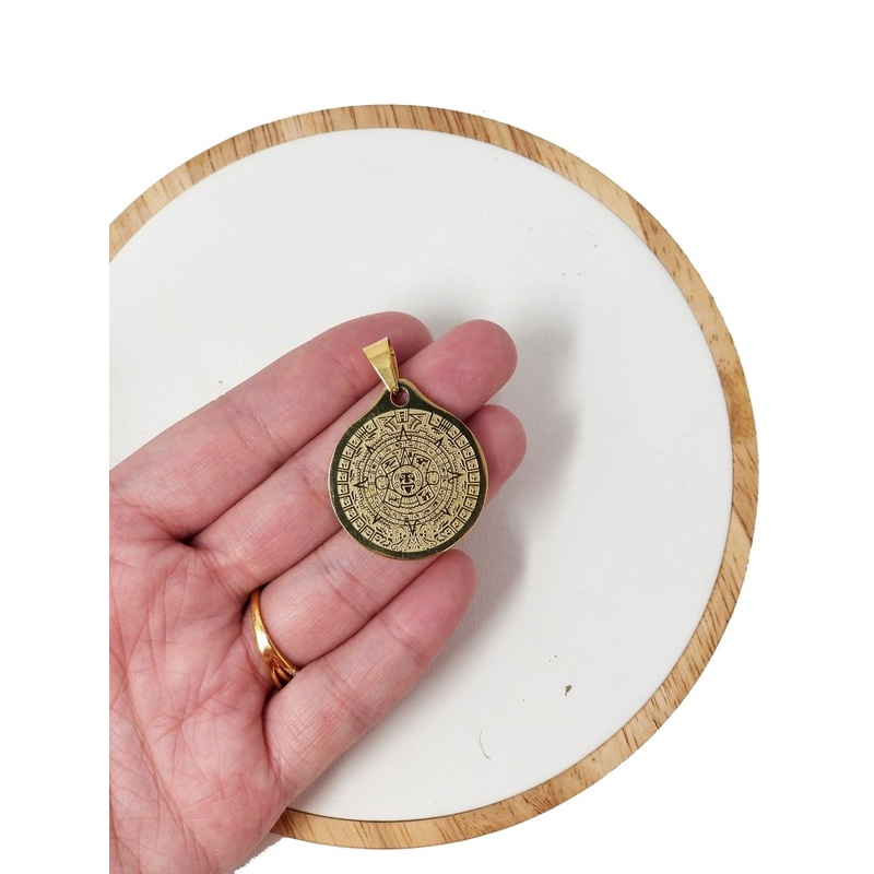Gold Stainless Steel Aztec Mayan Sun Calendar Medallion Pendant Gold Aztec Coin Pendant Boho Charm for Layer Necklace Jewelry Making J-616