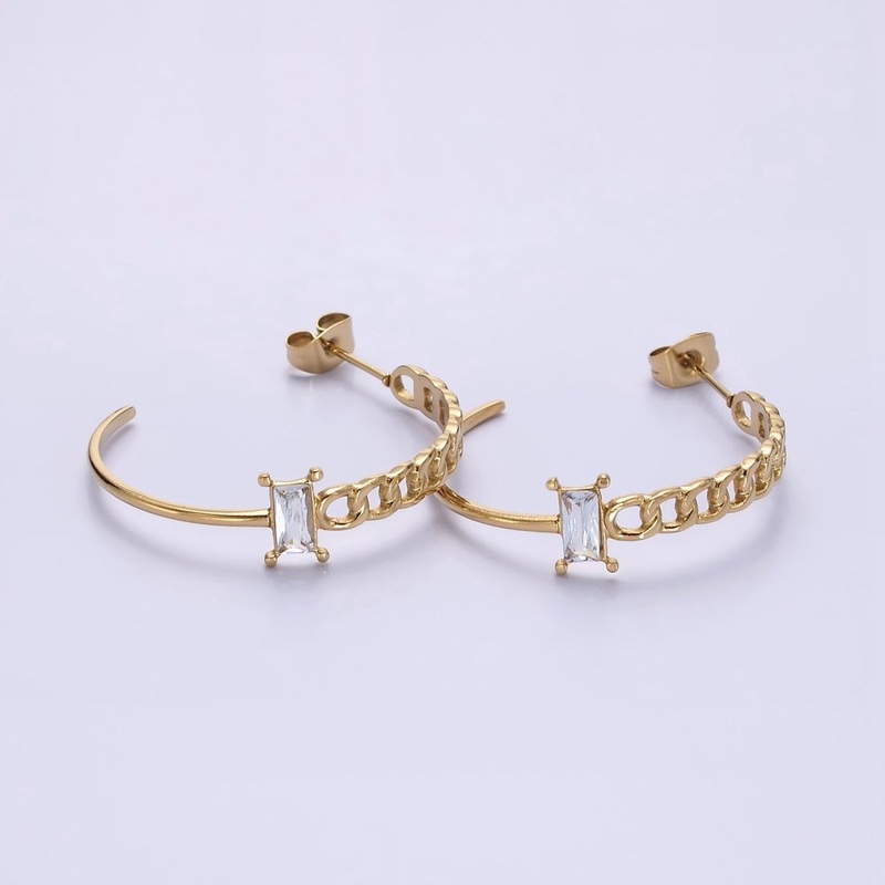 Stainless Steel 30mm Clear Baguette CZ Curb Half Link C-Shaped Hoop Earrings | AE707