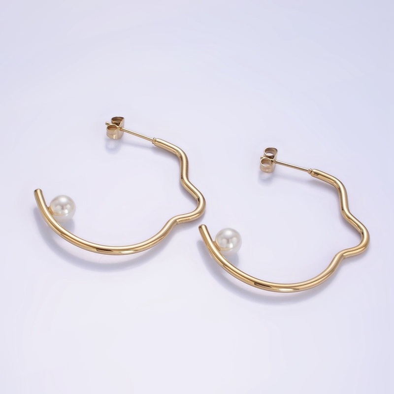 Stainless Steel 40mm Pearl Geometric Curved C-Shaped Hoop Earrings | AB1150