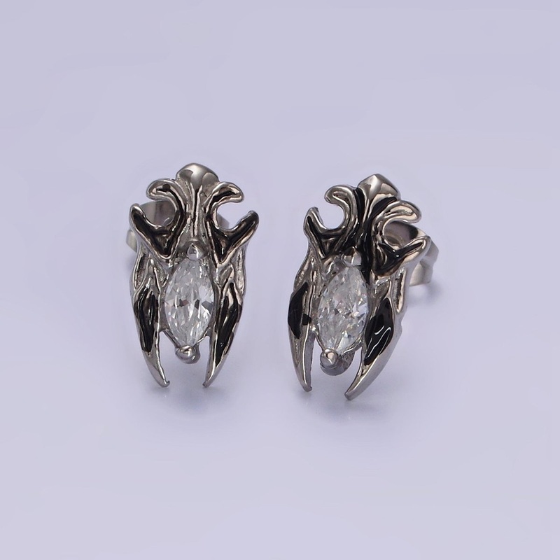 Stainless Steel Clear Marquise CZ Artisan Bat Wings Stud Earrings | AE694