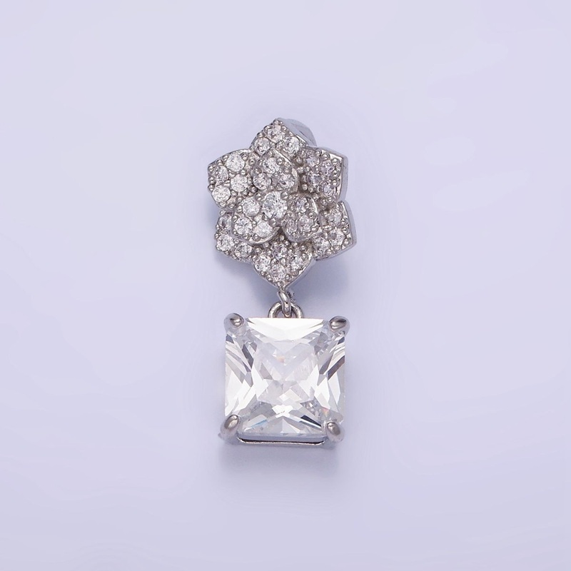 White Gold Filled Square CZ Drop Micro Paved Flower Pendant | AA1169