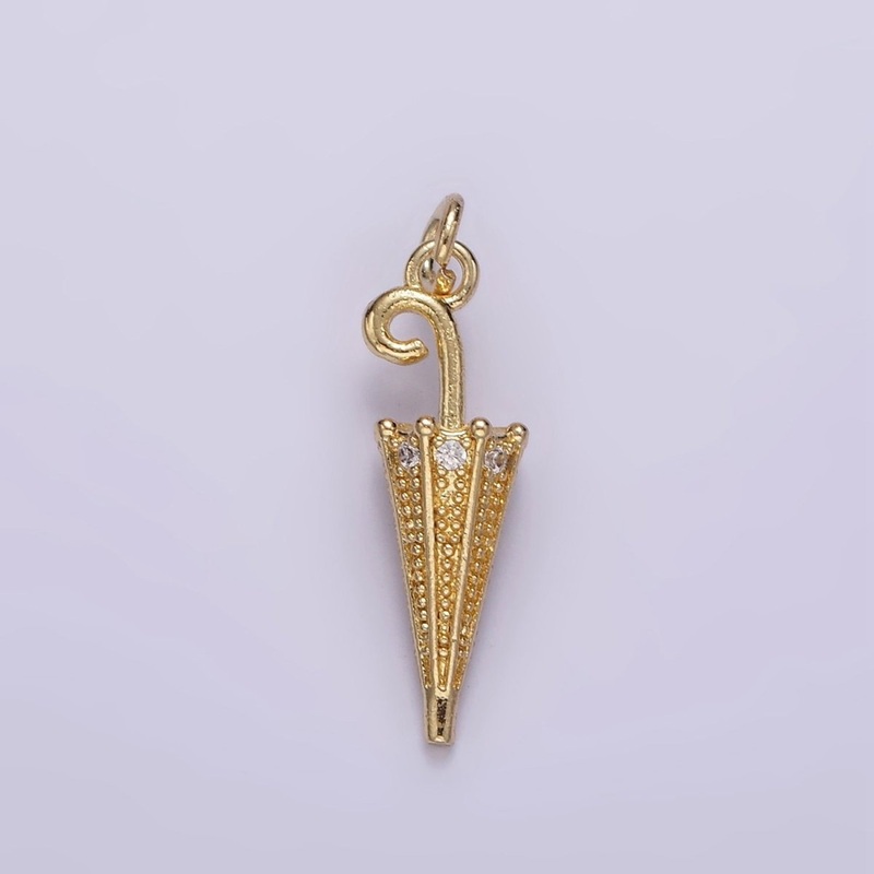 14K Gold Filled 22mm Clear CZ Dotted Umbrella Weather Charm | W486