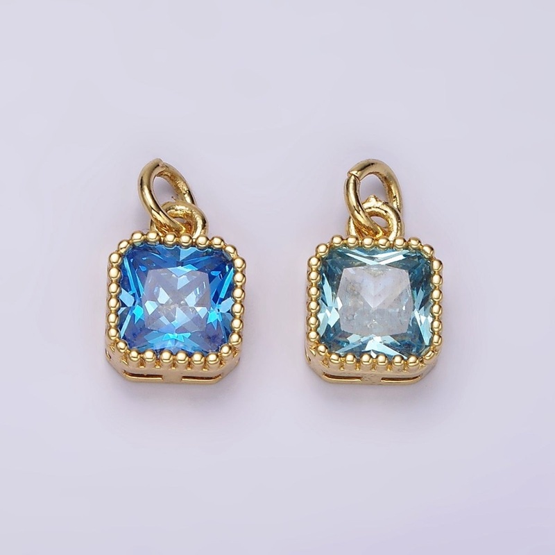 14K Gold Filled Blue, Baby Blue CZ Square Dotted Bezel Add-On Charm | AC917 AC918 Blue