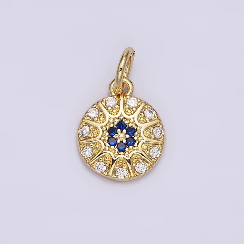 14K Gold Filled Blue Evil Eye Sunburst CZ Dotted Round Add-On Charm | N981