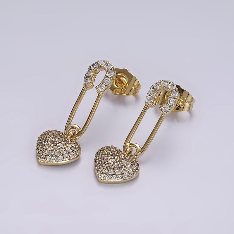 14K Gold Filled Heart Safety Pin Micro Paved CZ Drop Stud Earrings | AE409