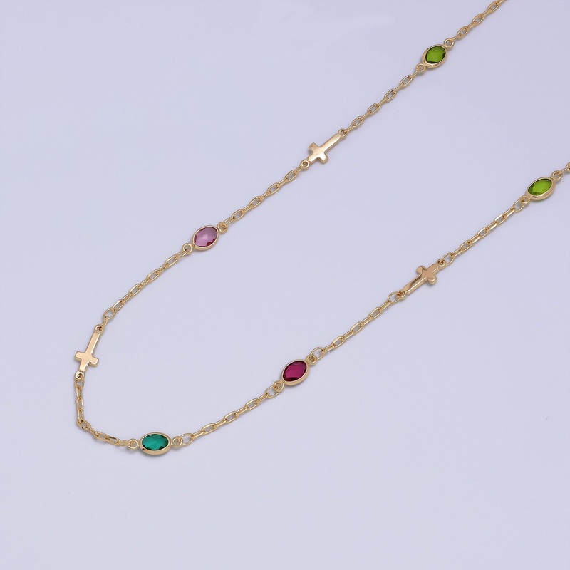 14K Gold Filled Oval Colorful Diamond Bezel Cut Chain by Yard Sideway Cross Link Cable Chain for Necklace Bracelet Jewelry Making | ROLL-1455