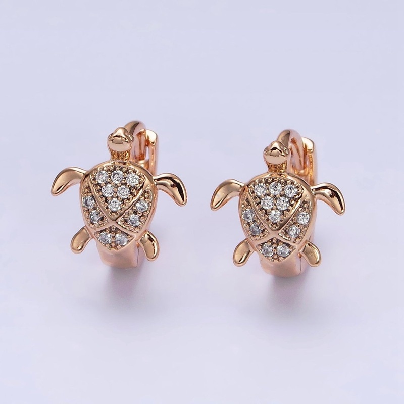 18K Gold Filled Turtle Tortoise Micro Paved CZ Animal Huggie Earrings | AD1364