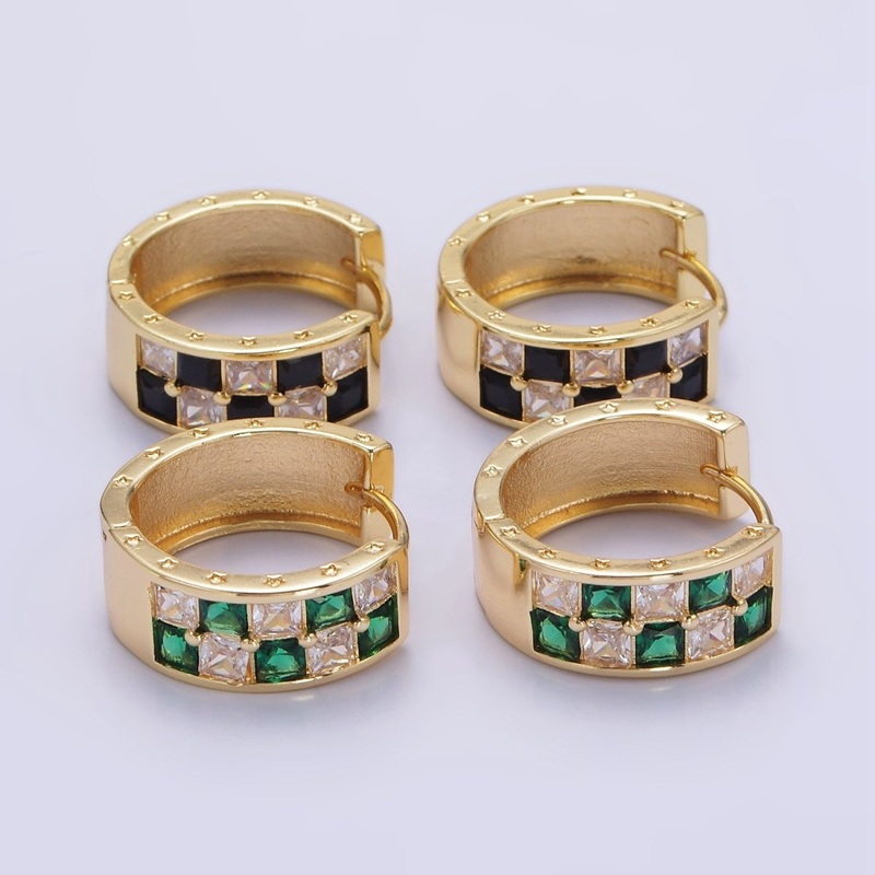 24K Gold Filled 20mm Black, Green Checkered CZ Huggie Hoop Earrings | P524 Black