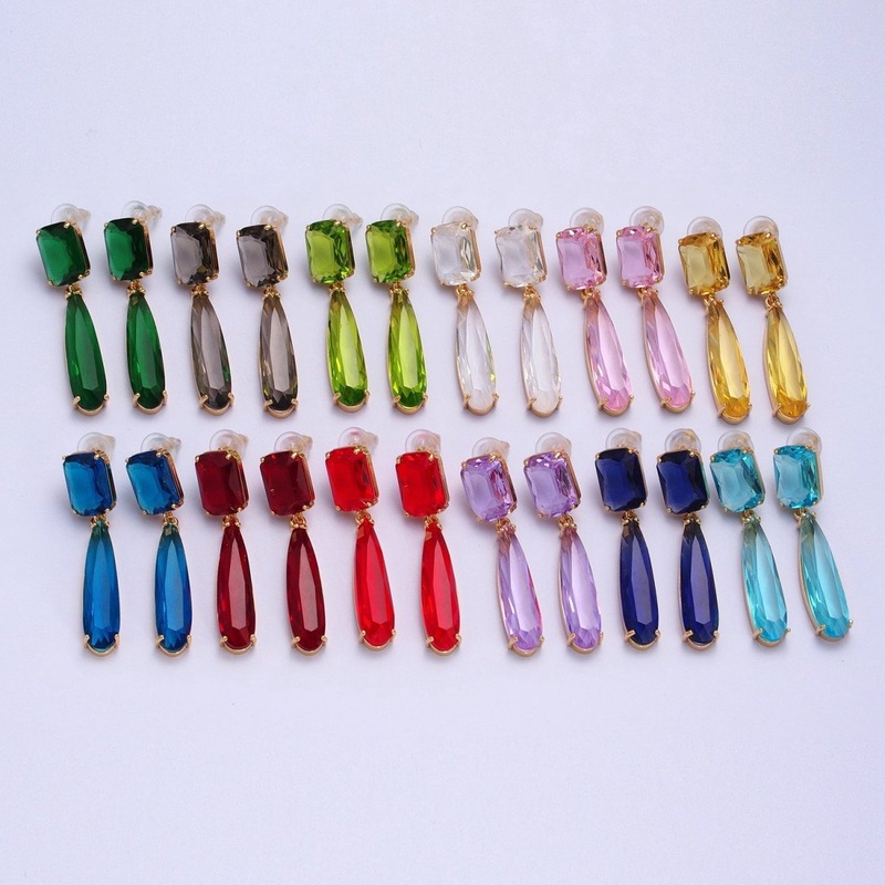 24K Gold Filled CZ Cubic Zirconia Baguette Teardrop Dangle Studs Earrings | AD-232~AD-243 Light Blue