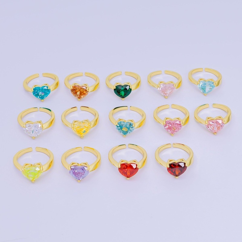 24K Gold Filled Heart-Shaped CZ Birthstone Adjustable Ring in Gold | O-033 O-063 O-073 O-084, O-104 – O-106, O-108, O-110 – O-114, O-116 Pink