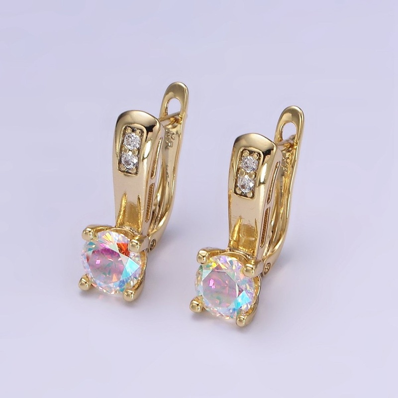 24K Gold Filled Iridescent AB Micro Paved CZ English Lock Hoop Earrings | AD700