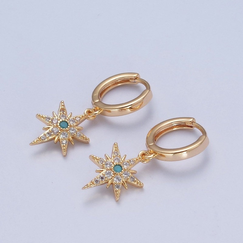 24K Gold Filled Micro Pave Clear CZ Turquoise Celestial Star Charm Dangle Drop Earrings P-325