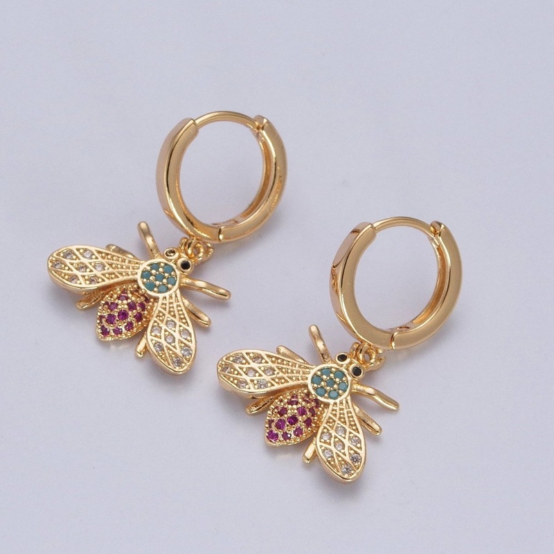 24K Gold Filled Micro Pave Multicolor CZ Bumble Bee Charm Huggie Hoop Earrings P-430
