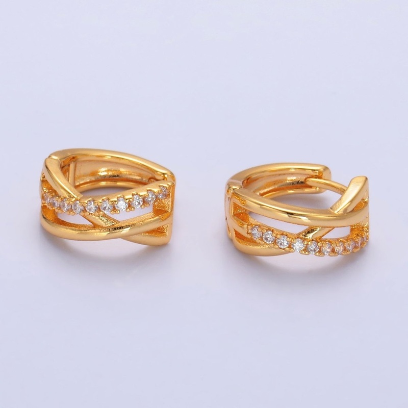 24K Gold Filled Micro Paved CZ Multiple Band Cartilage Huggie Earrings Set | P406