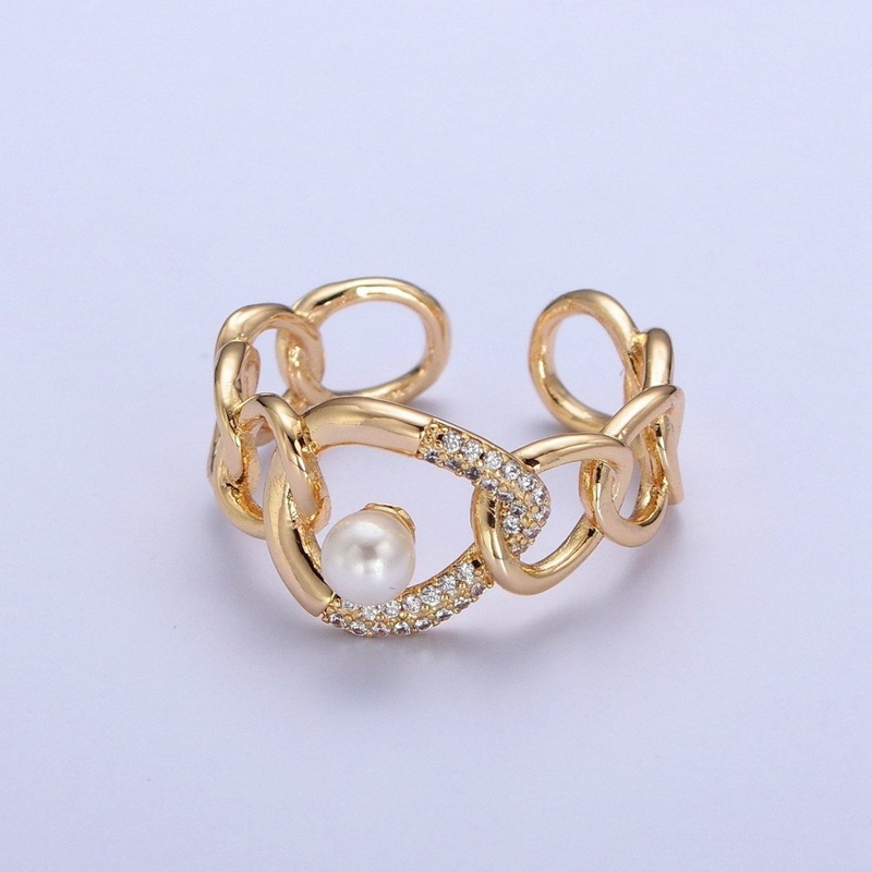 Elegant Dainty Pearl Gold Bold Chain Micro pave Cubic Zirconia Stone Adjustable Promise Ring U-220
