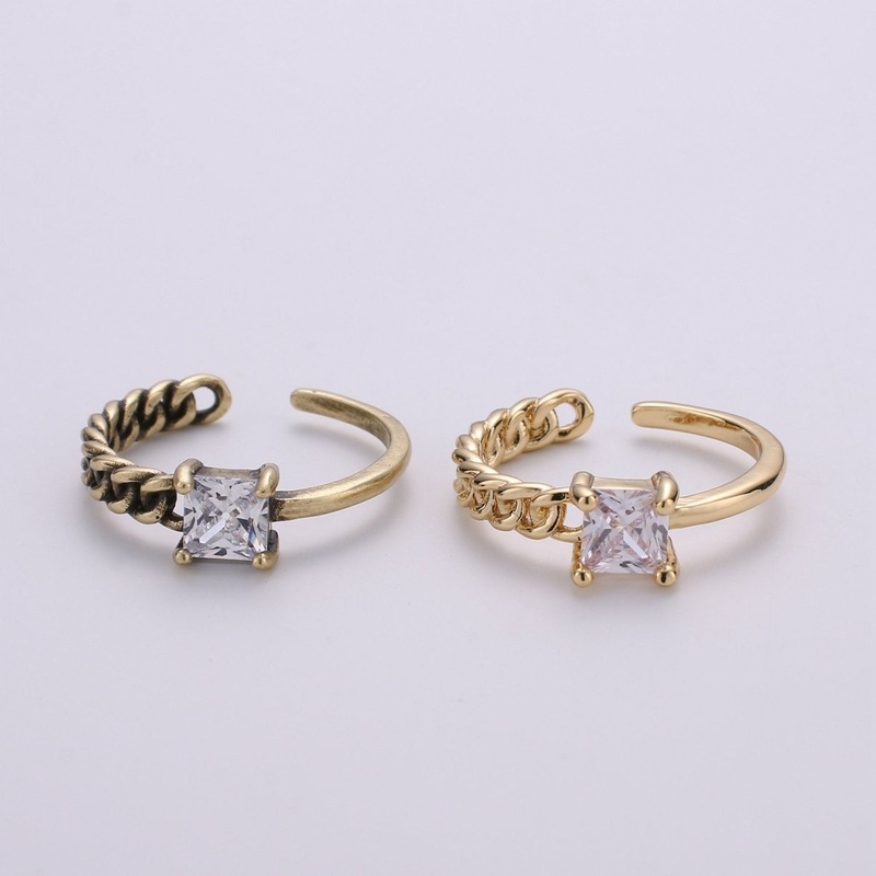 Gold Chain Ring, Statement Ring, Minimalist pLink Chain Ring, Stackable Ring Dainty Ring w/ CZ Stone Antique Gold Ring adjustable  R-023 R-024 Gold