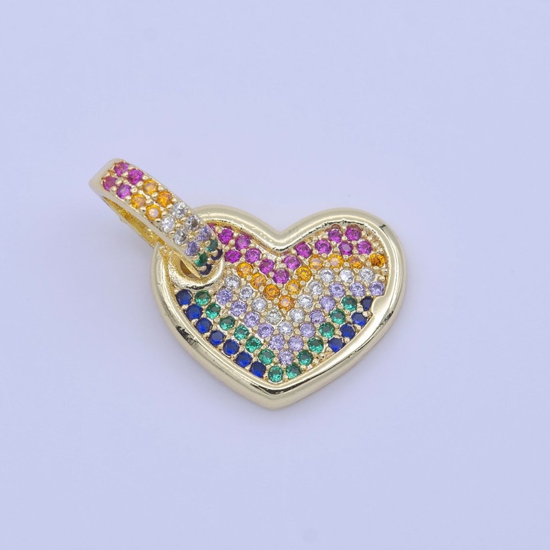 Multicolor Rainbow Micro Paved CZ Heart Gold Pendant  H-245