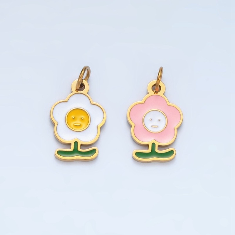 Stainless Steel Pink, White Smiley Face Daisy Flower Charm | P676 Pink