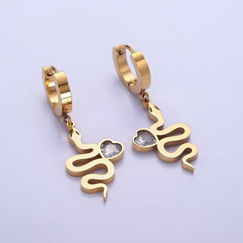 Stainless Steel Snake Serpent Animal Heart CZ Drop Huggie Earrings Set | AE457