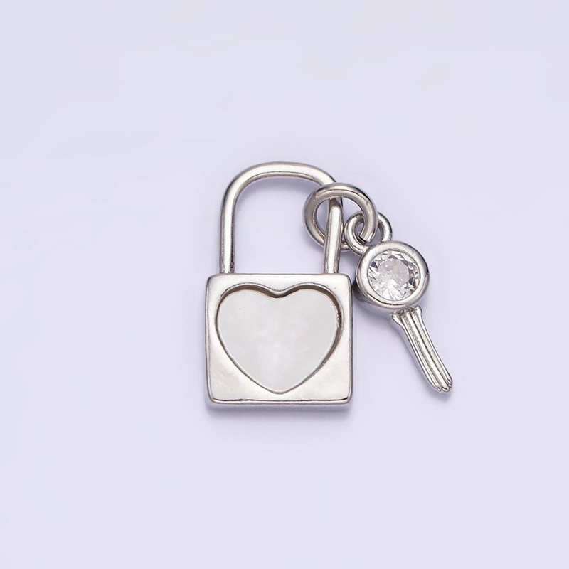 White Gold Filled Heart Shell Pearl CZ Key Padlock Pendant | N1007
