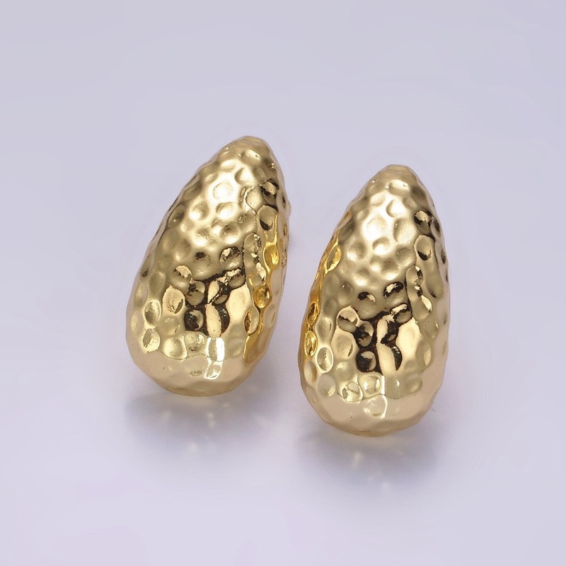 14K Gold Filled 25mm Hammered Teardrop Dome Modern Statement Stud Kylie Earrings | AE171
