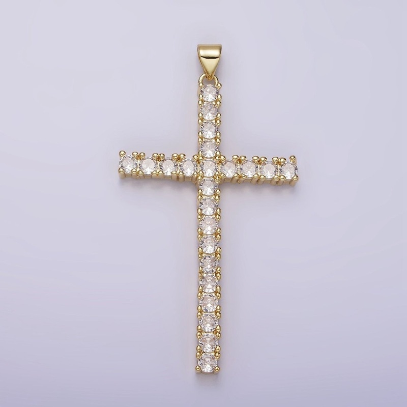 14K Gold Filled 54mm Clear Micro Paved CZ Lined Long Latin Cross Religious Pendant | N1303
