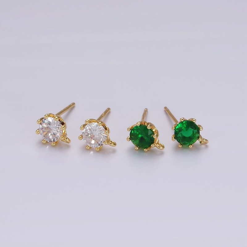 14K Gold Filled 6.5mm Clear, Green Round CZ Open Loop Stud Earrings | Z634 Z635 Clear